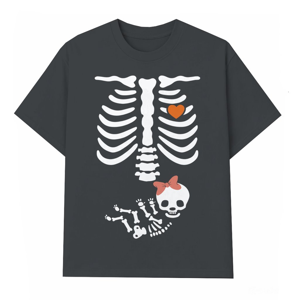 Baby Skeleton Bow Maternity T-shirt – Pregnancy Announcement Halloween Gift for Mama to Be Funny - front view