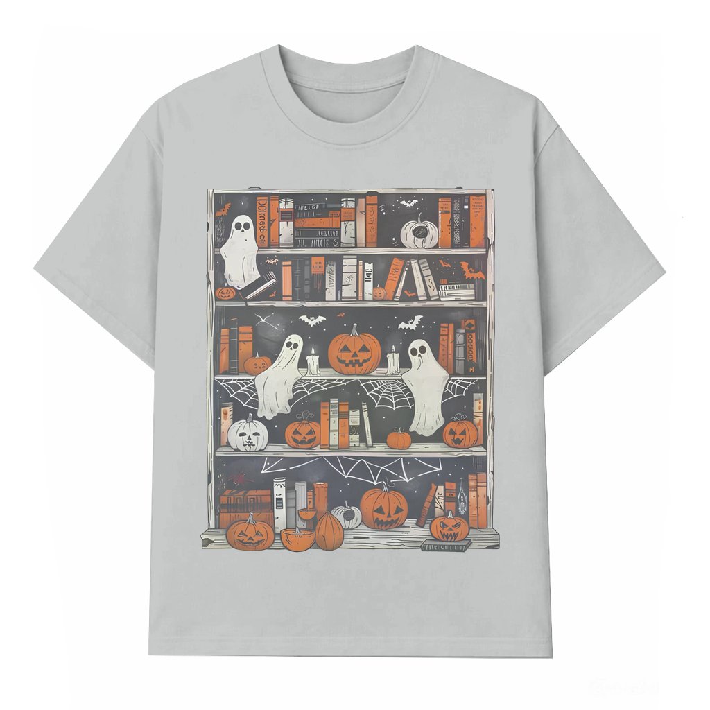 Cozy Ghost Bookcase T-shirt – Gift for Book Lovers Spooky - front view