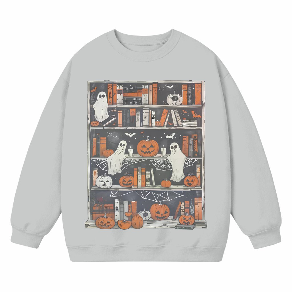 Cozy Ghost Bookcase Sweatshirt – Spooky Library Gift for Book Lovers - front view