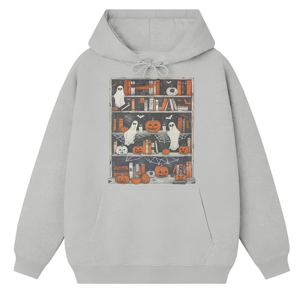 Spooky Ghost Bookcase Hoodie – Gift for Book Lover Cozy - front view