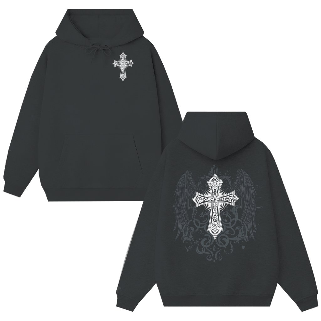 Cross and Wing Hoodie – Gift for Unisex 2 Sided Print Drop Shoulder Streetwear - front view