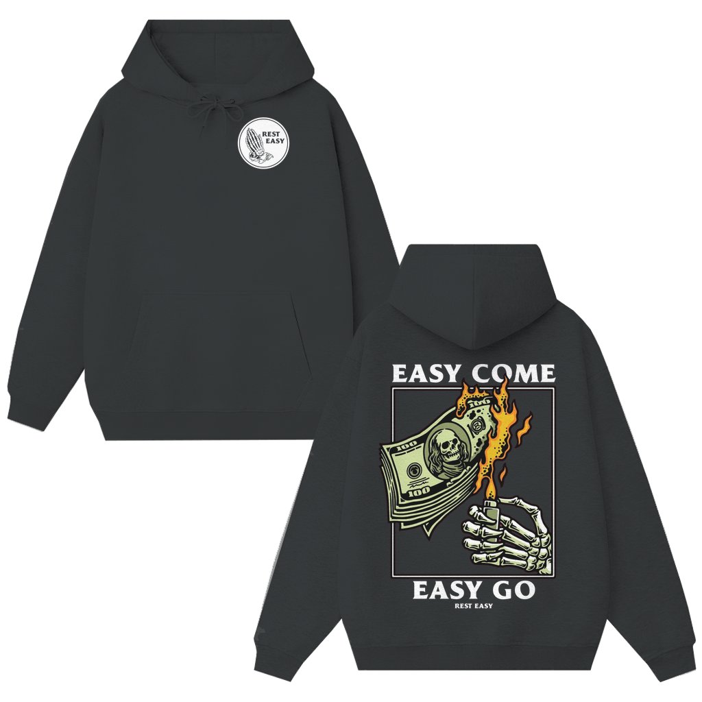 Easy Come Easy Go Skeleton Burning Money Hoodie – Streetwear Gift for Men Edgy - front view