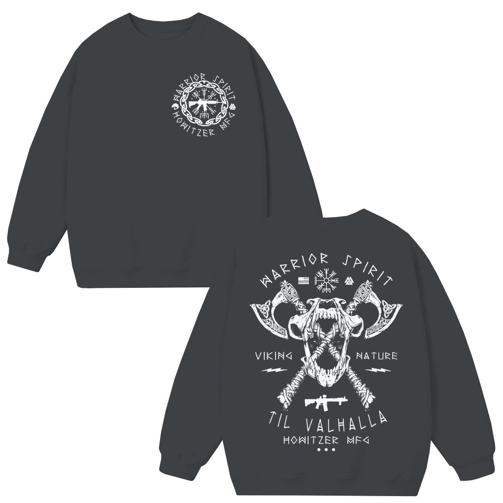 Viking Warrior Til Valhalla Sweatshirt – Gift for Men Skull Axes Mythical Combat - front view