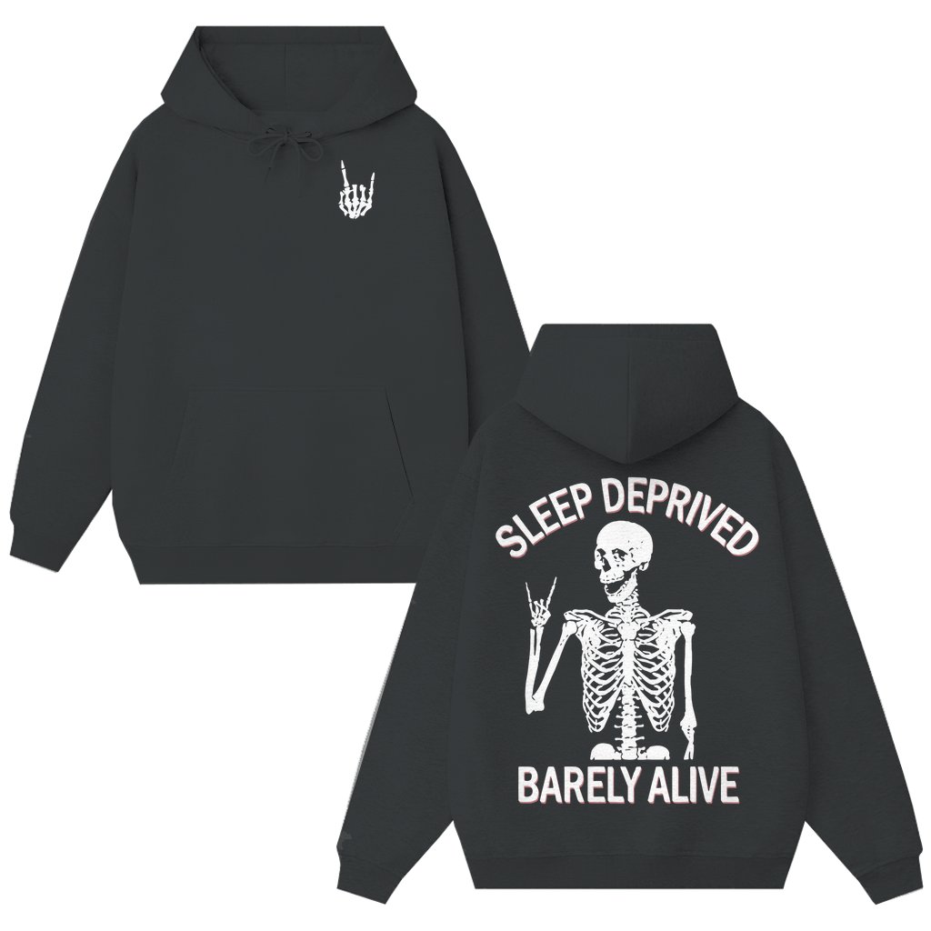Gothic Insomnia Skeleton Hoodie – Gift for Men Sleep Deprived Barely Alive - front view