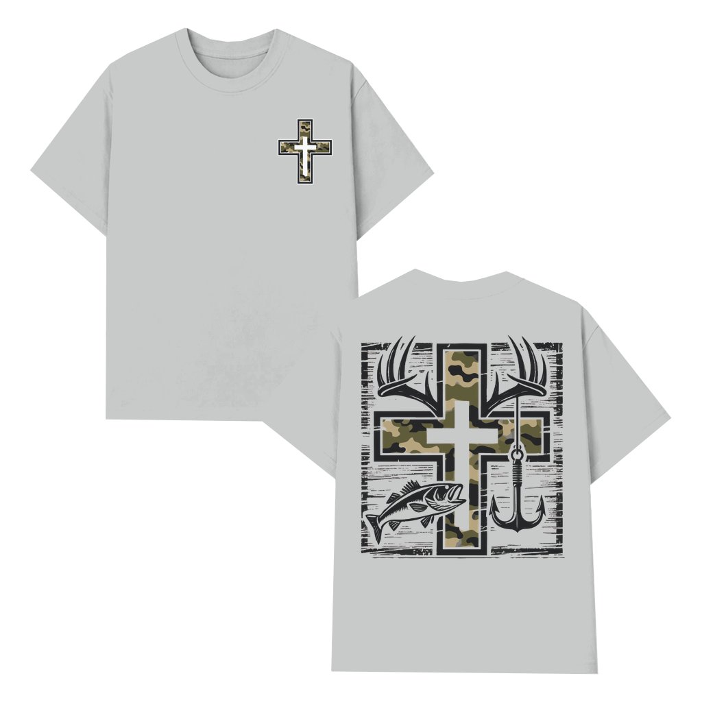Camo Cross Faith T-shirt – Christian Gift for Outdoorsman 2 Sided Print - front view