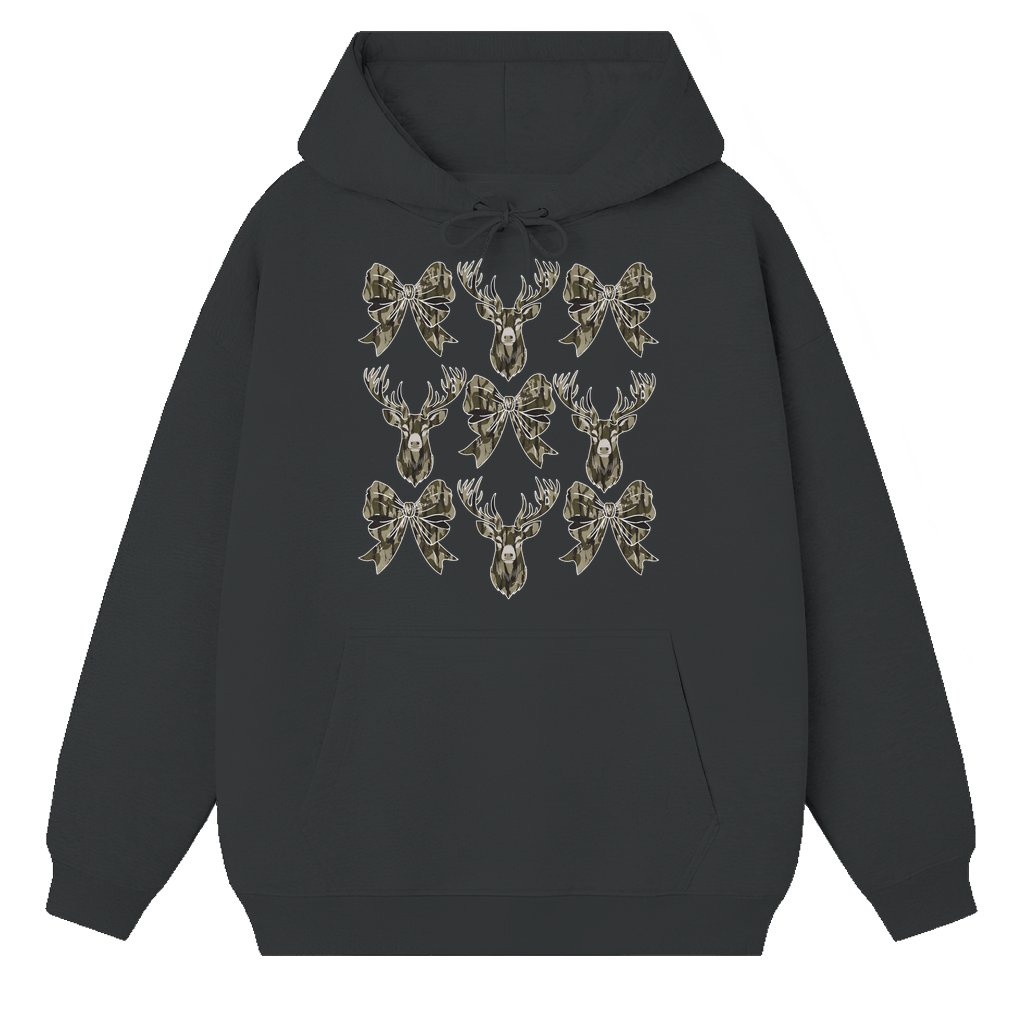 Coquette Bow Camo Hunting Hoodie – Deer Hunter Gift for Girls - front view