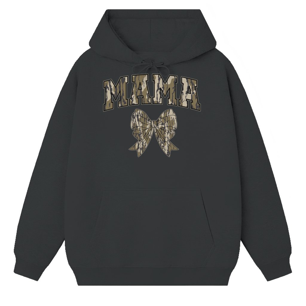 Camo Coquette Bow Hoodie – Hunting Season Gift for Women Trendy Mama - front view
