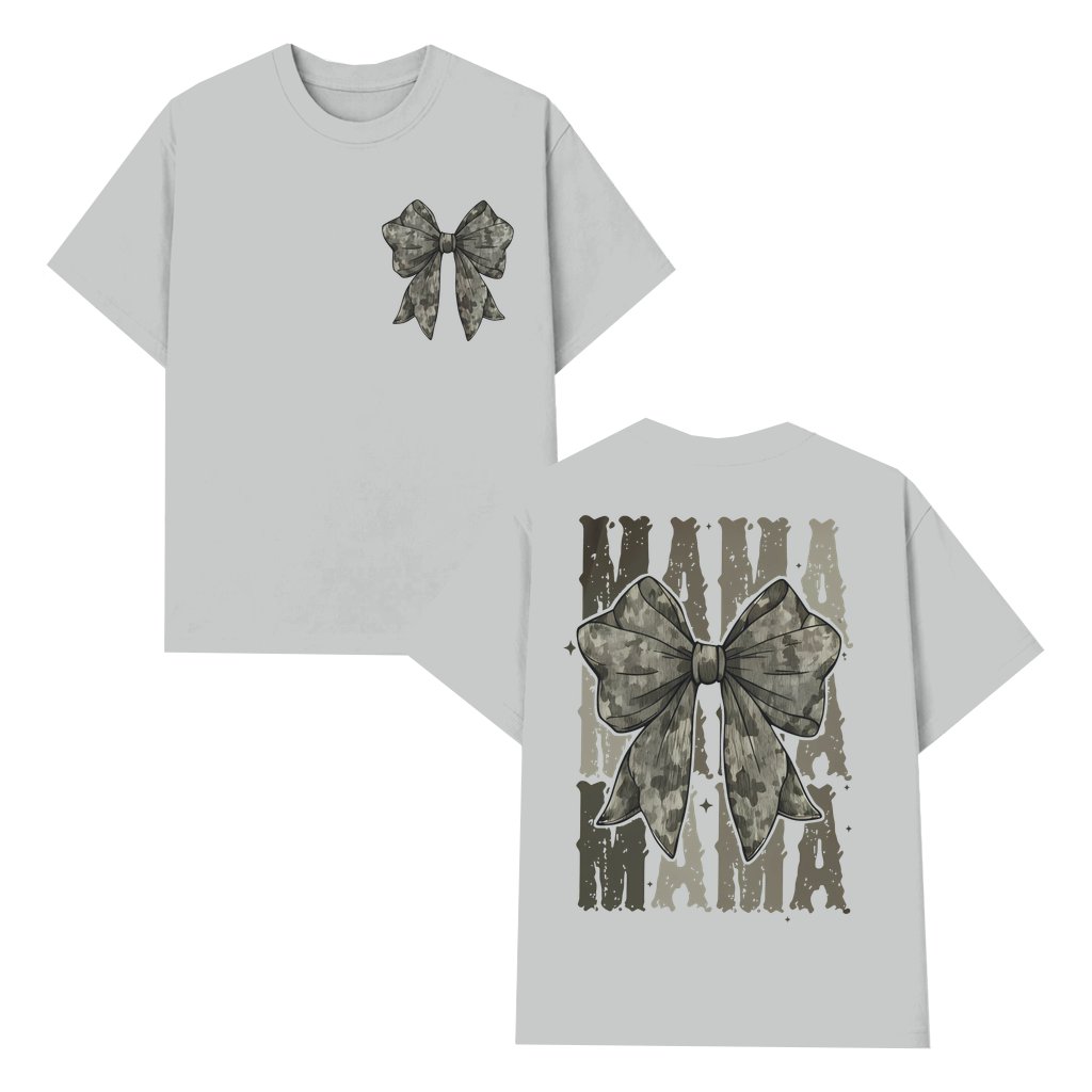 Camo Coquette Bow T-shirt – Valentine's Day Gift for Mama Retro Trendy Hunting Style - front view