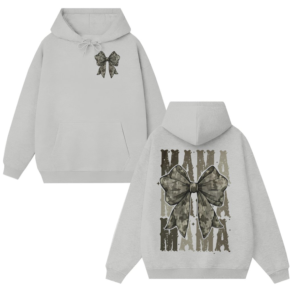 Camo Coquette Bow Hoodie – Vintage Retro Hunting Gift for Her - front view