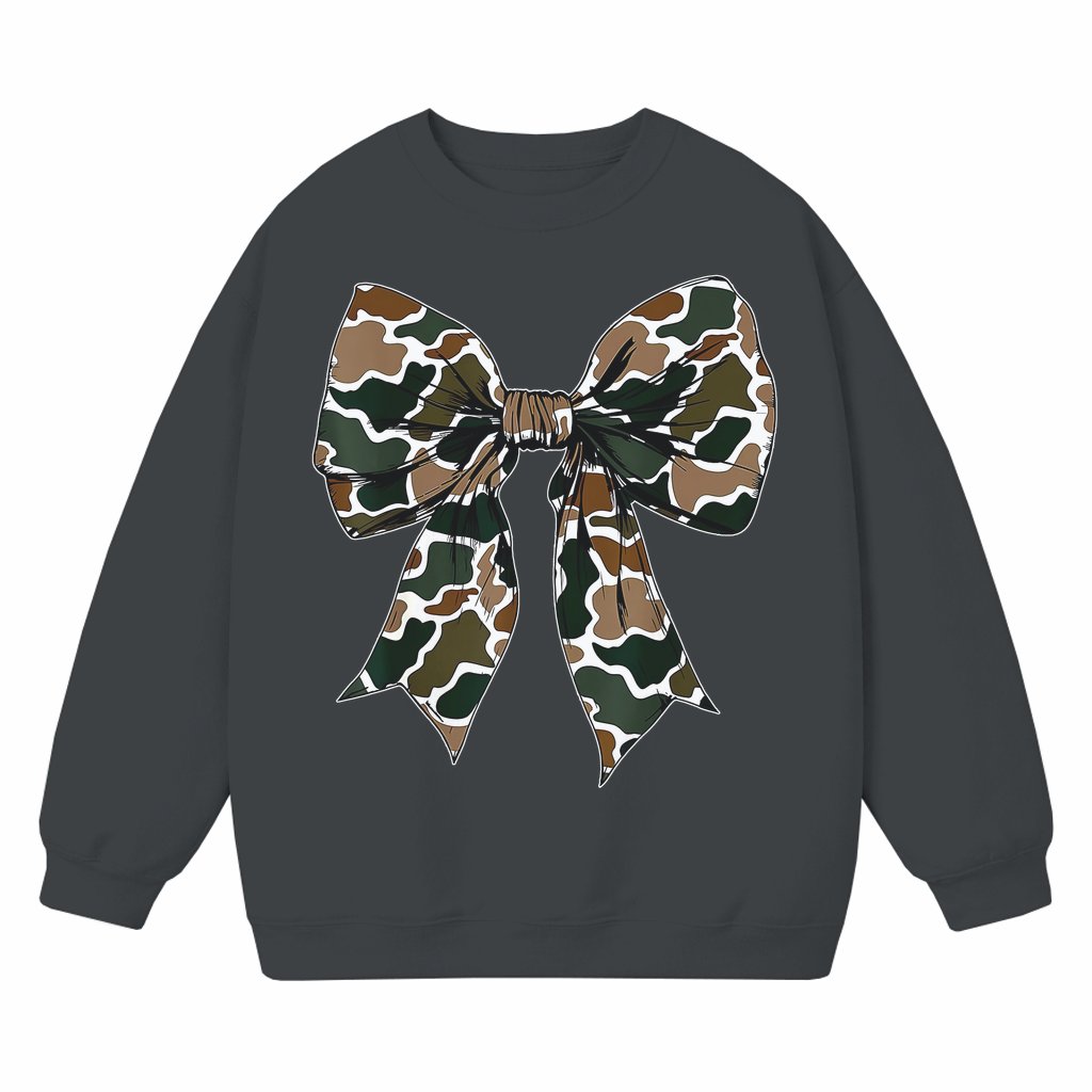 Camo Coquette Bow Sweatshirt – Dove Season Hunting Gift for Hunter - front view