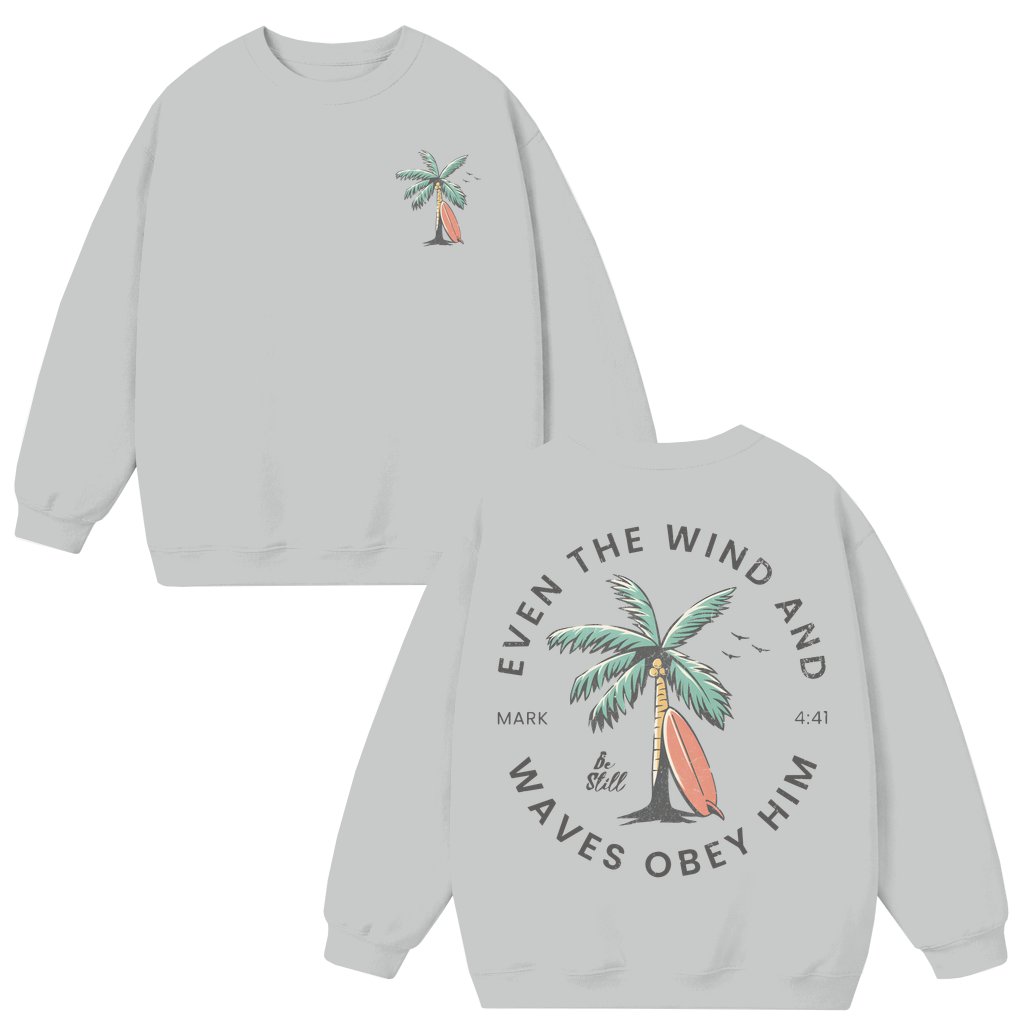 Christian Surf Mark 4:41 Palm Tree Sweatshirt – Christian Gift - front view