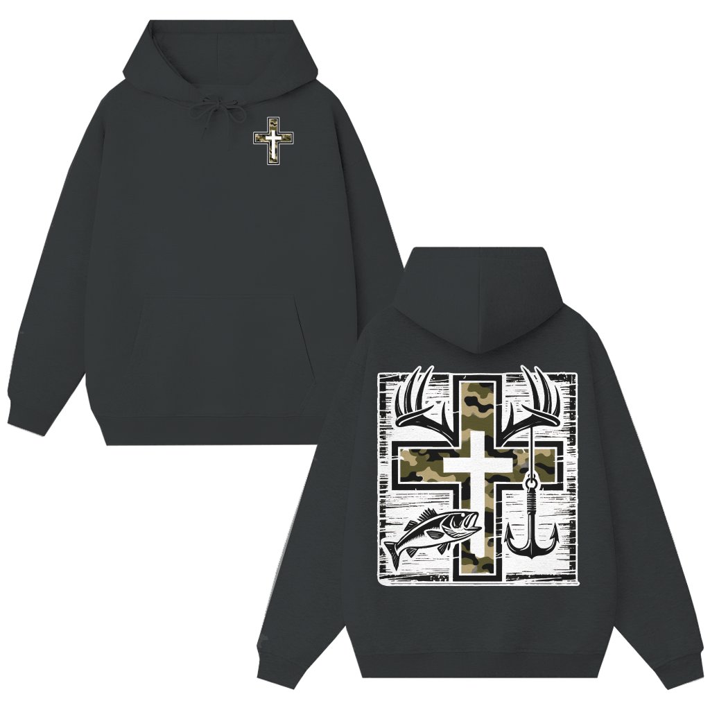 Faith Hunting Fishing Hoodie – Christian Gift for Outdoorsmen Camo Cross Antlers - front view