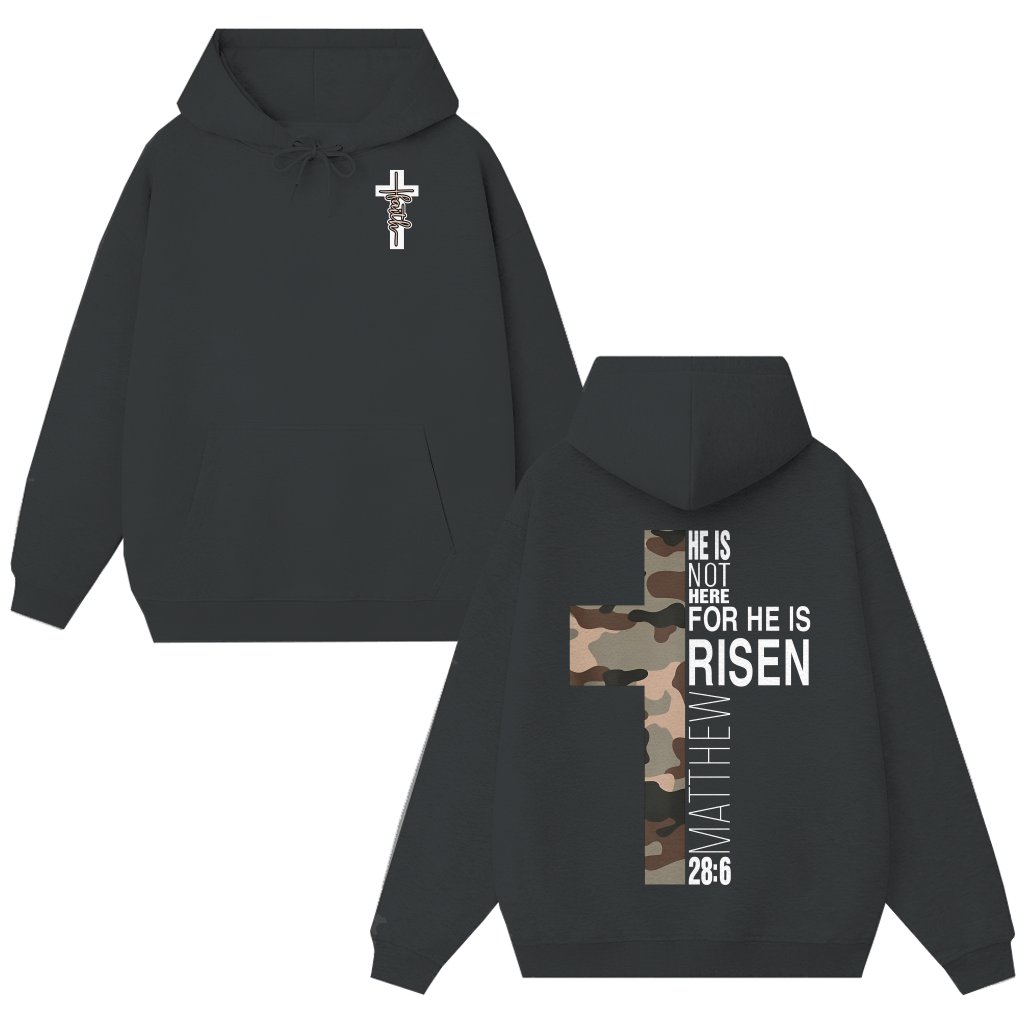 He Is Risen Hoodie – Christian Gift for Men Faith Bible Verse Camo Cross - front view