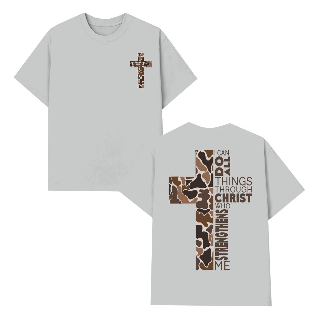 Christian Camo Cross Wash Tee – Gift for Men Philippians 4:13 Scripture - front view