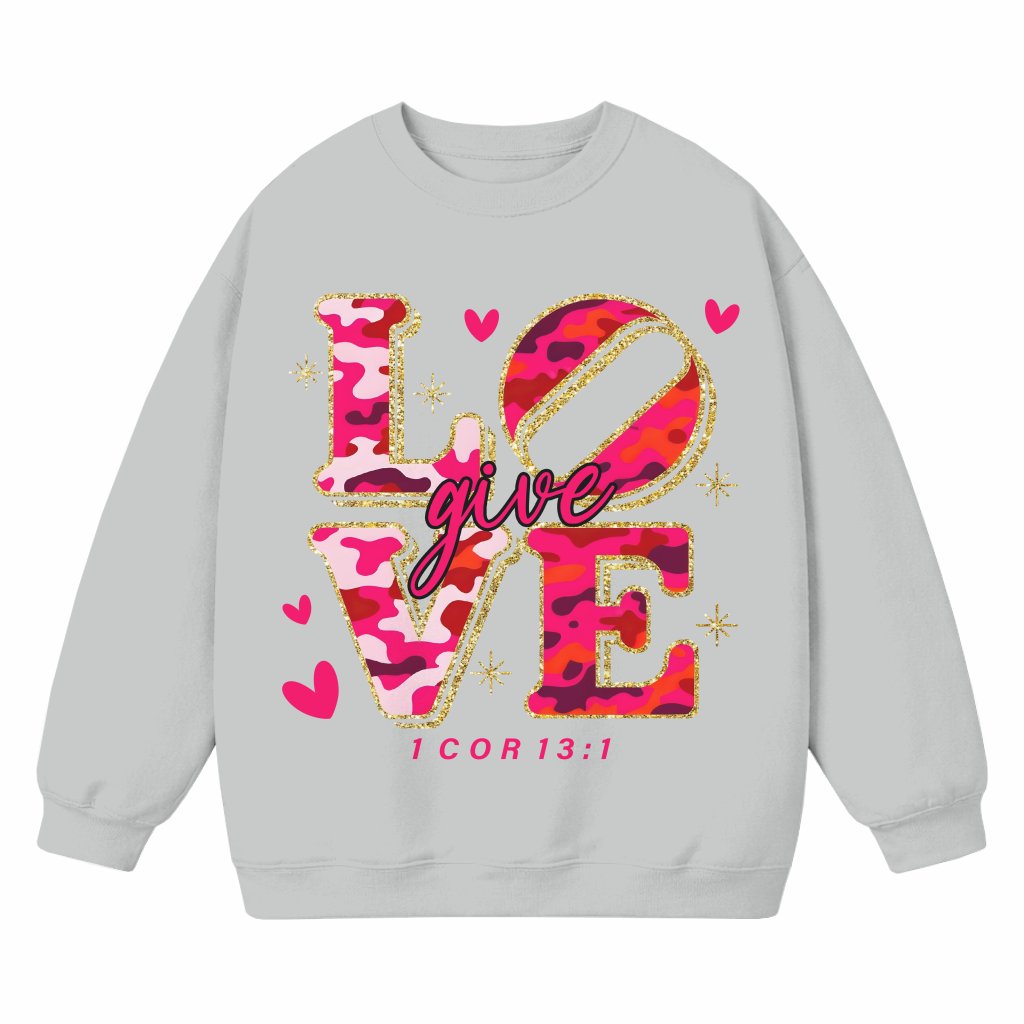 Christian Sweatshirt – Valentine's Day Gift 1 Corinthians 13:1 Love Pink Camo - front view