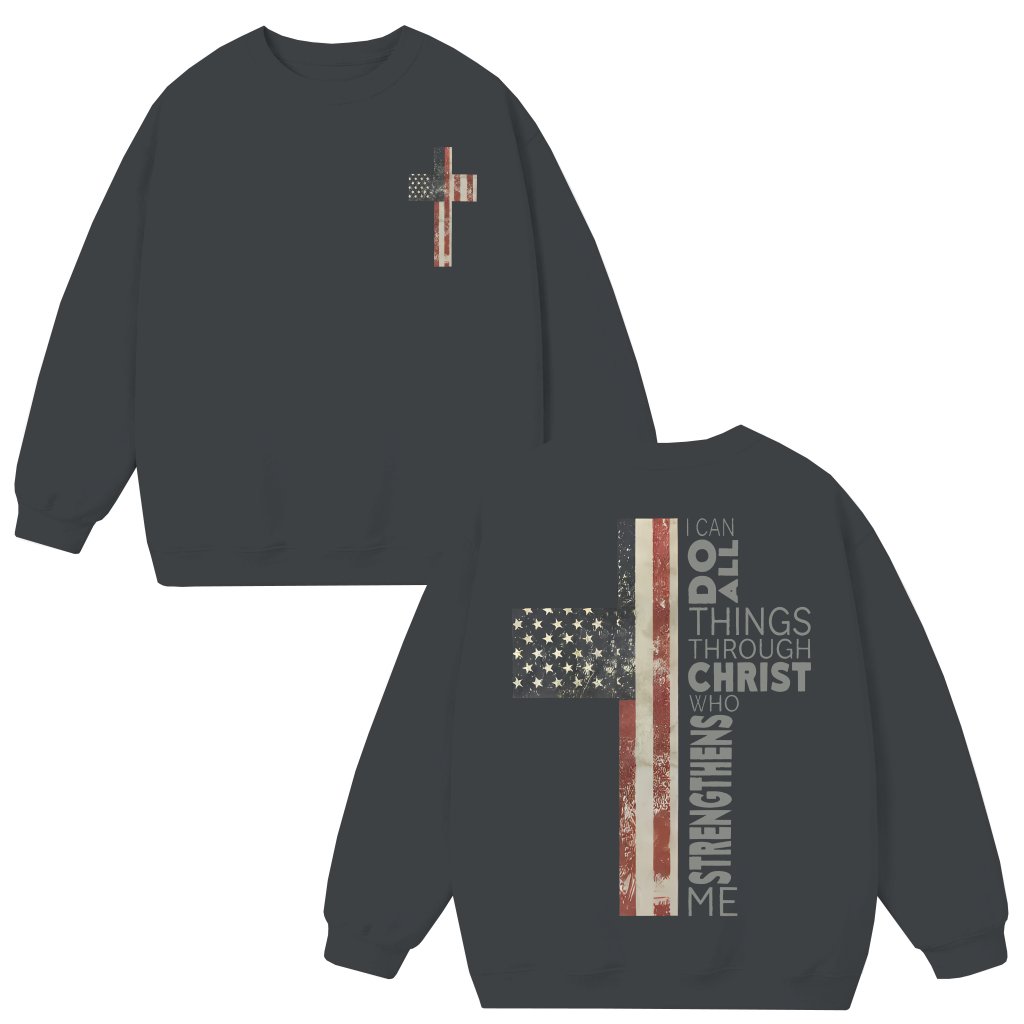 Christian American Flag Cross Sweatshirt – Patriotic Christian Gift - front view