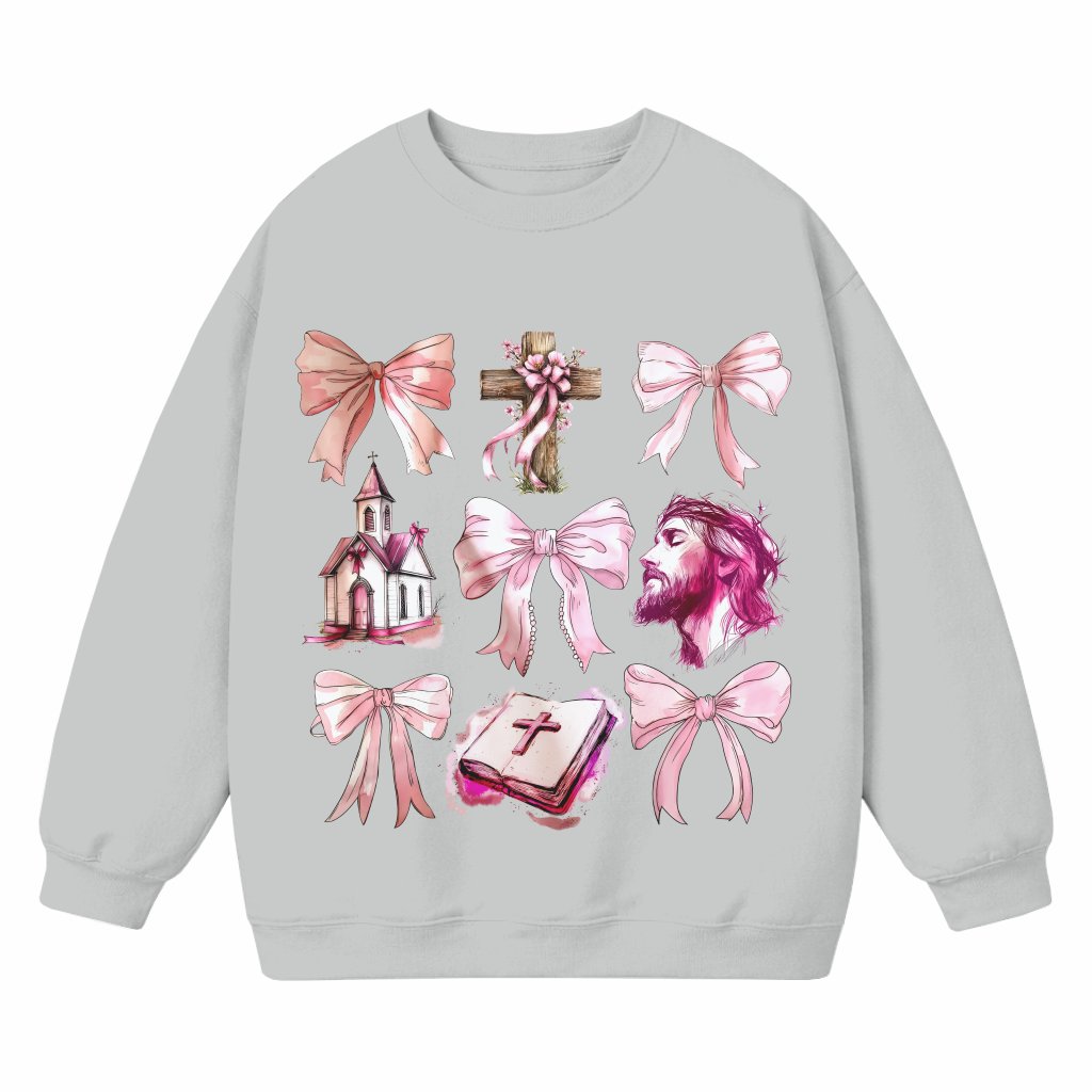 Coquette Bow Jesus Sweatshirt – Christian Gift for Her Bible Verse - front view
