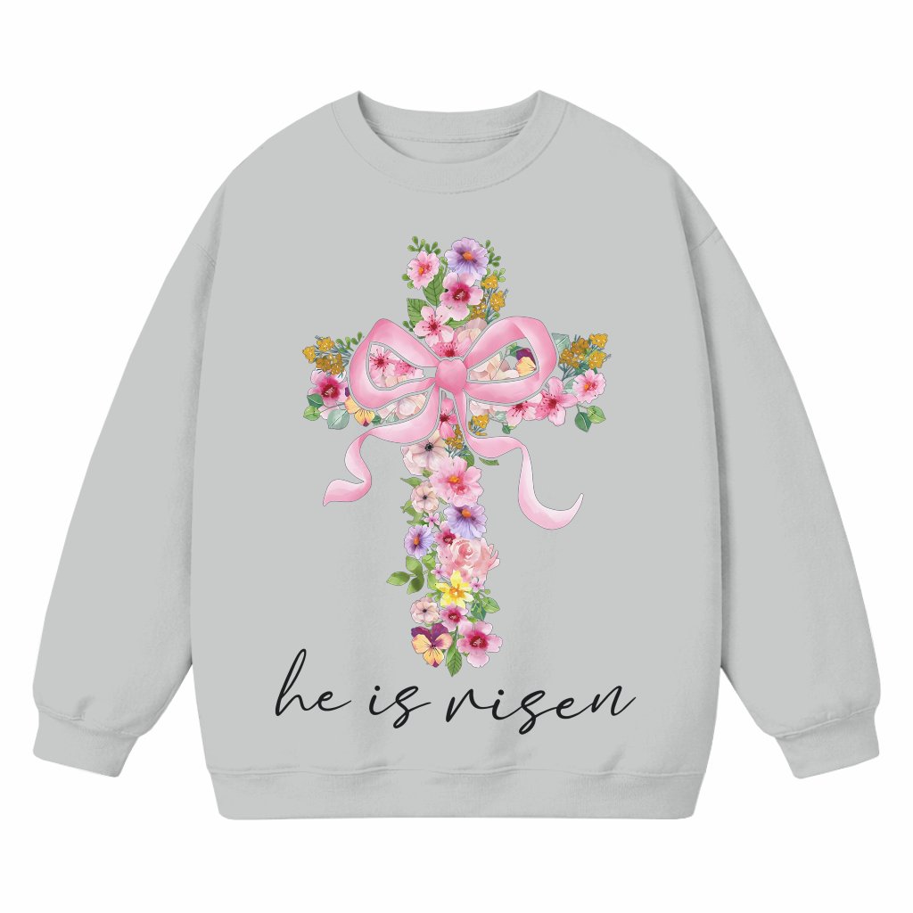 He is Risen Cross Sweatshirt – Christian Easter Gift Bible Verse - front view