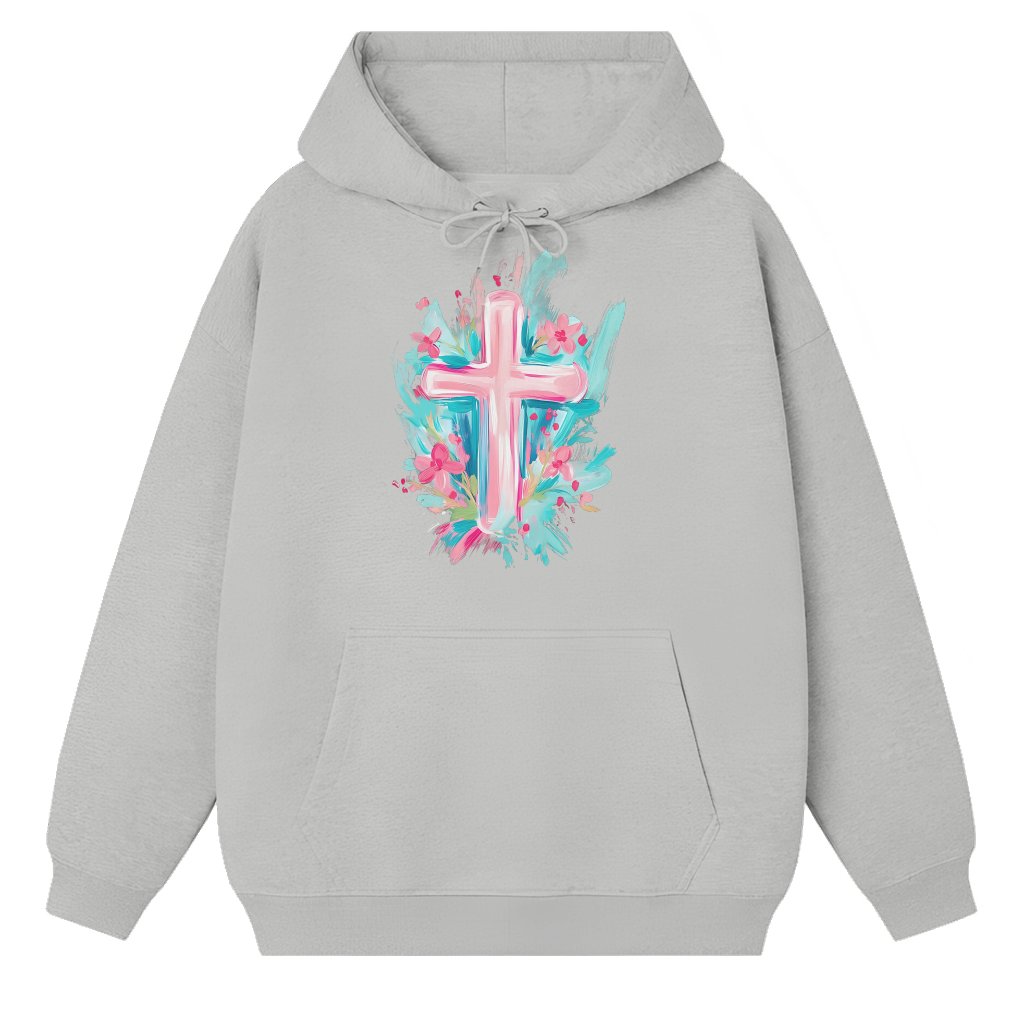 Brushstroke Easter Cross Floral Hoodie – Easter Gift for Her Trendy Spring - front view