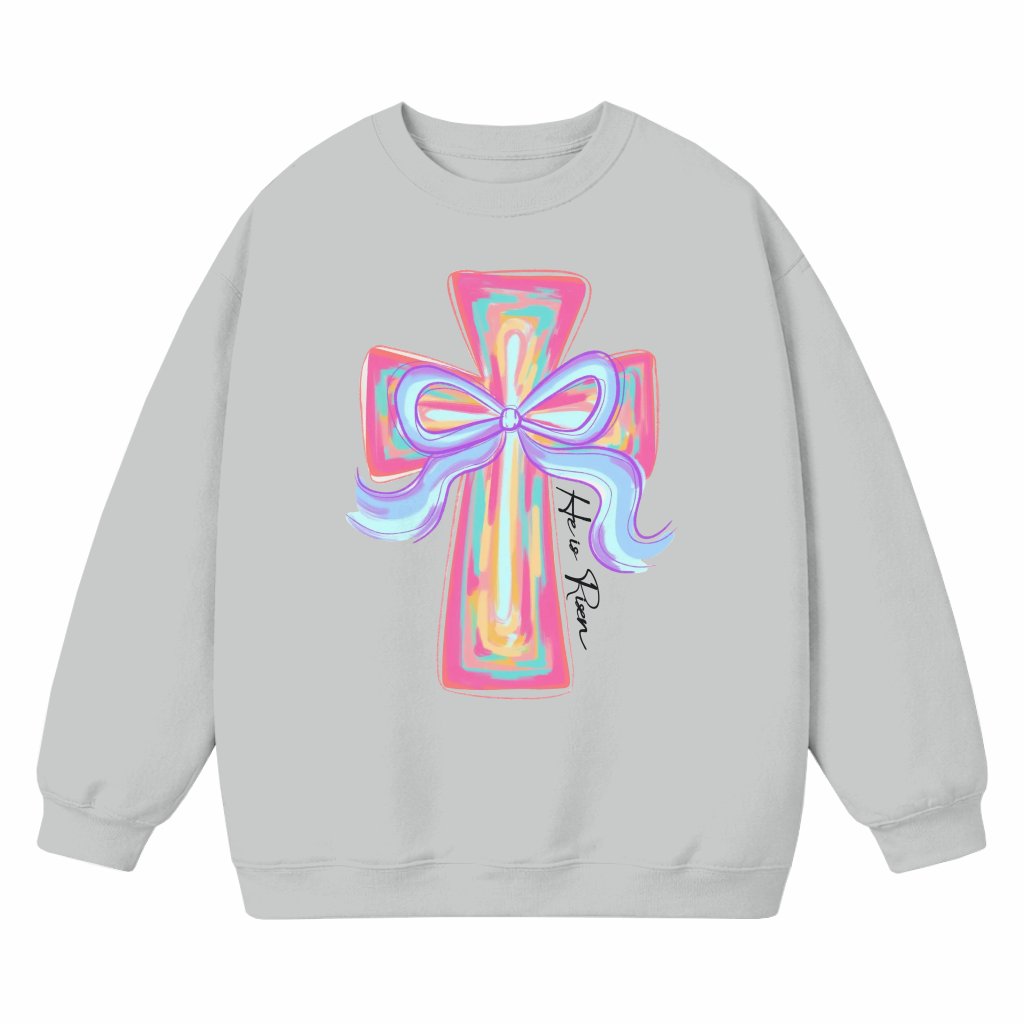 He is Risen Jesus Cross Sweatshirt – Easter Gift for Girls Christian Coquette Bow Cozy - front view