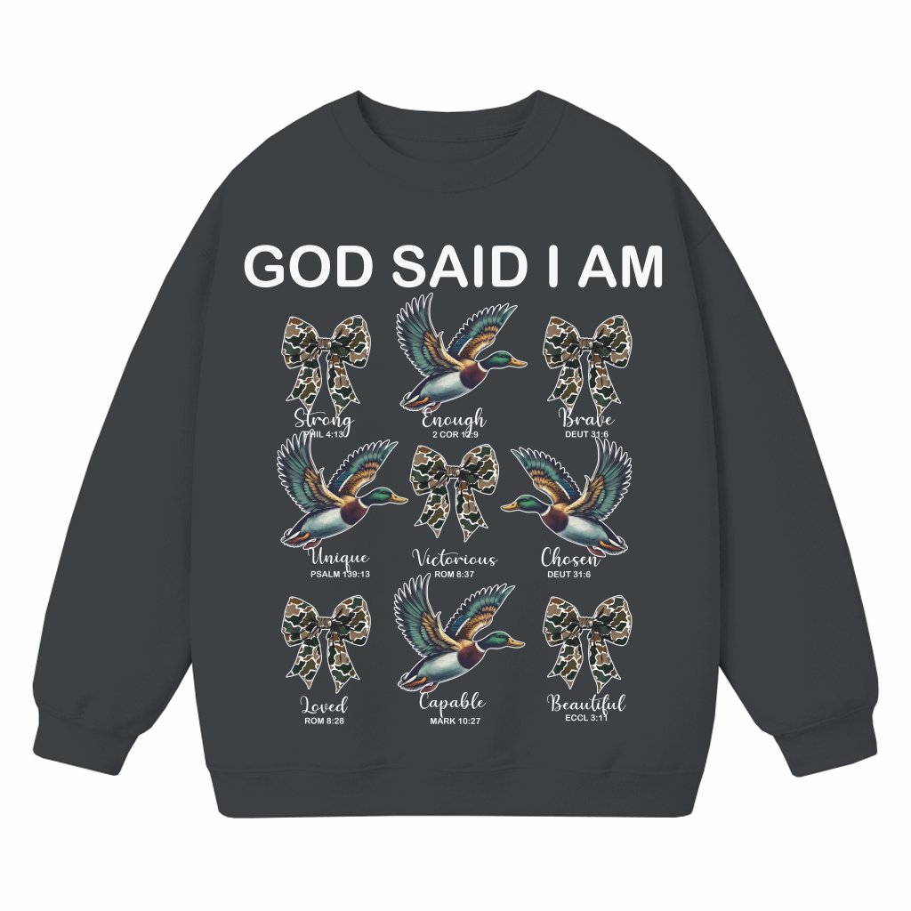 God Said I Am Camo Sweatshirt – Christian Gift for Trendy Mama Coquette - front view