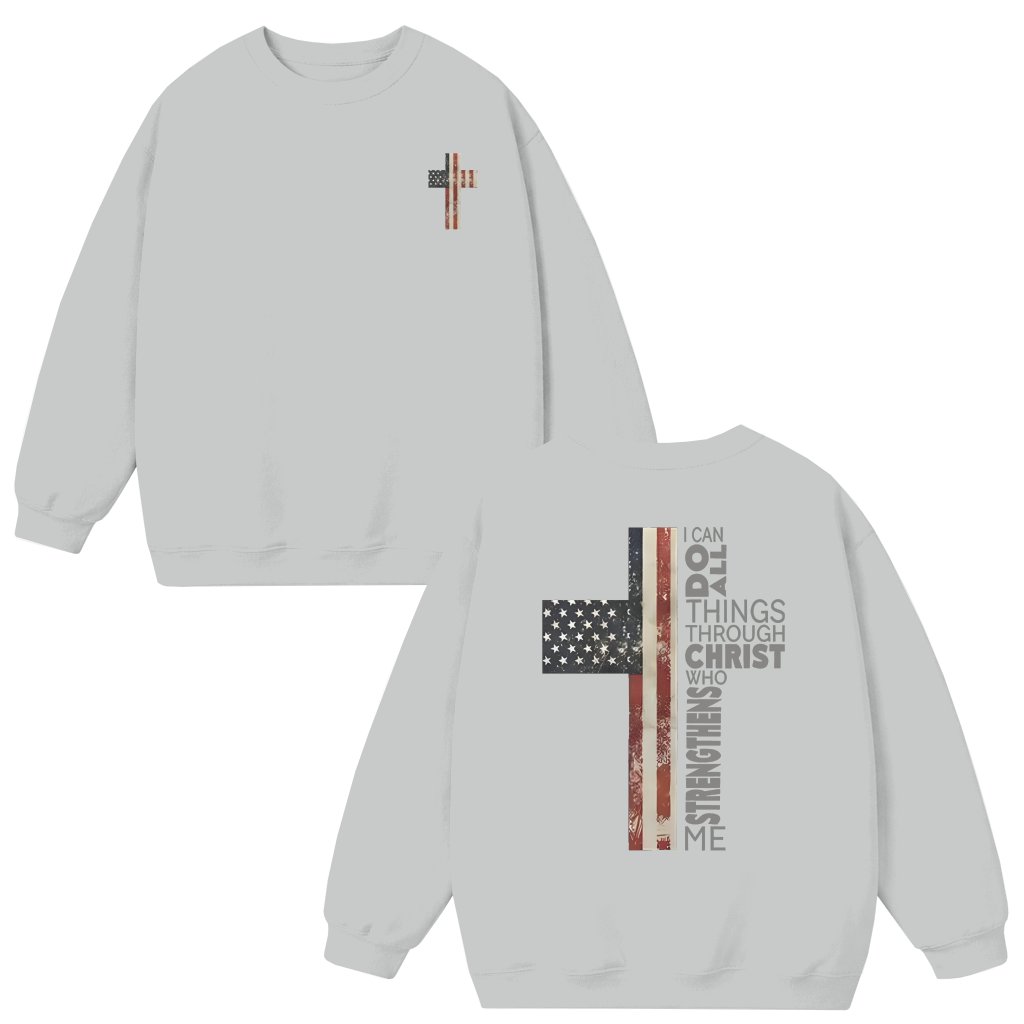 American Flag Cross Philippians 4:13 Sweatshirt – Christian Gift for Men Women Scripture - front view