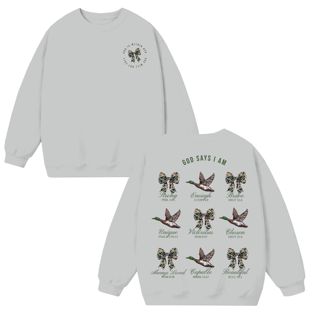 God Say I Am Sweatshirt – Christian Gift for Hunters Bible Verse Camo - front view