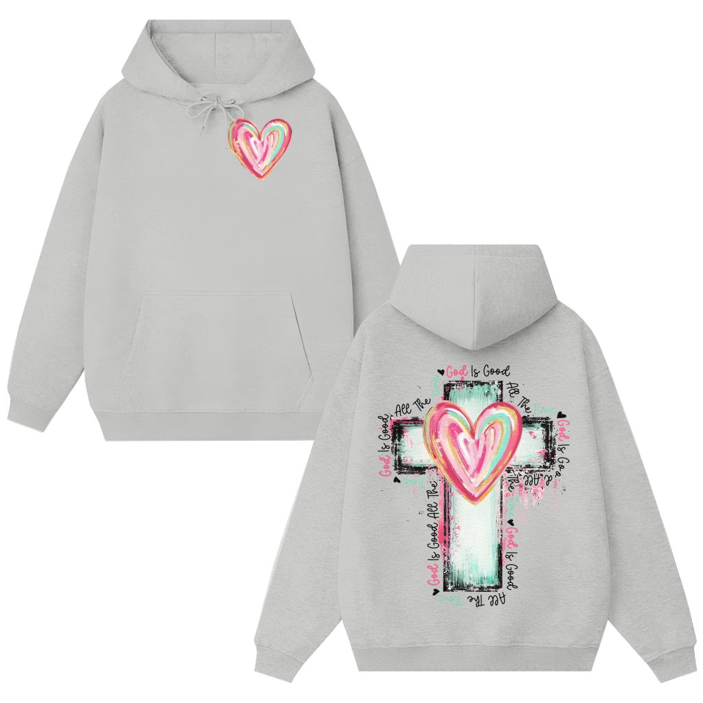 God Is Good All The Time Christian Hoodie – Religious Gift Hand Drawn Cross - front view