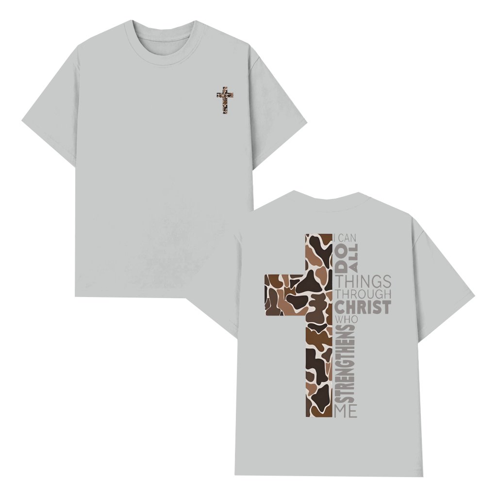 Camo Cross Philippians 4:13 T-shirt – Christian Scripture Gift for Believers - front view