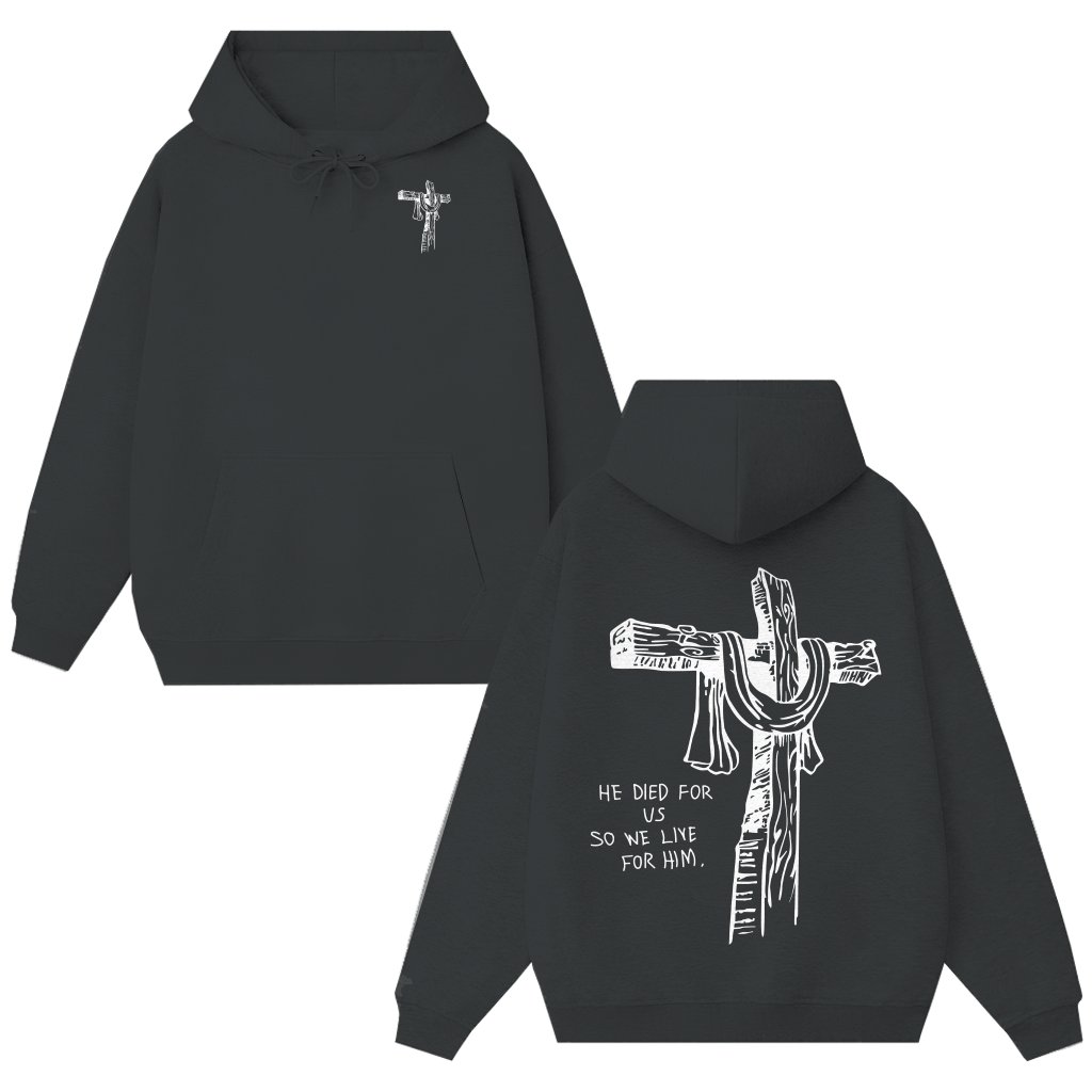 Christian 'He Died For Us' Cross Hoodie – Gift for Believers - front view