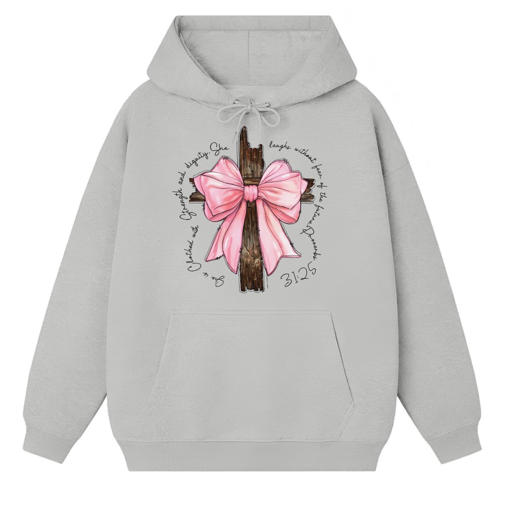 She is Clothed with Strength Hoodie – Christian Gift for Girls Proverbs Coquette Bow - front view