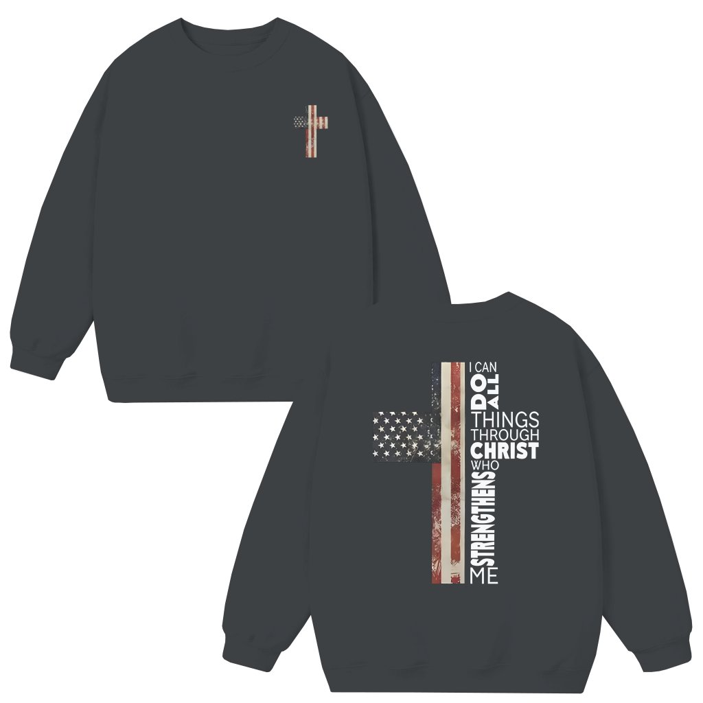 Christian American Flag Cross Sweatshirt – Gift for Christian Patriot Patriotic Faith - front view