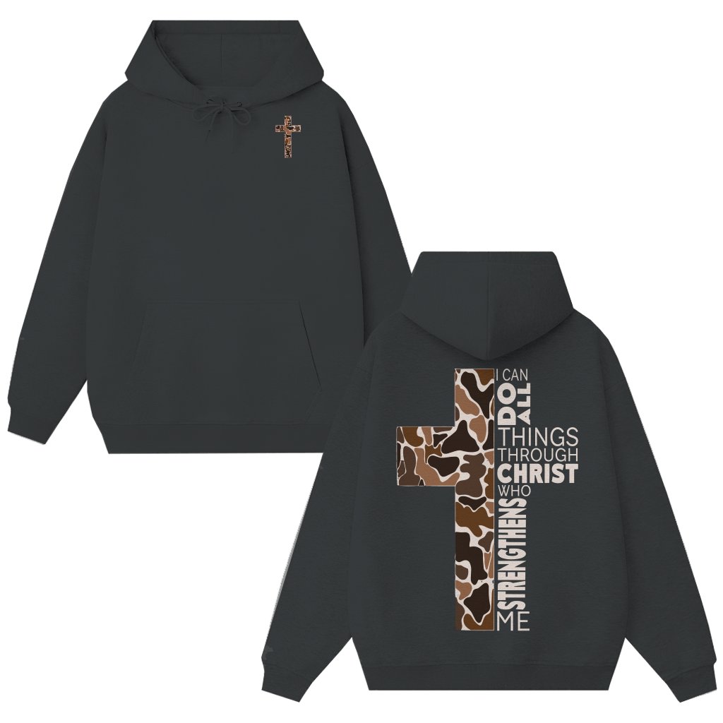 Philippians 4:13 Camo Cross Hoodie – Inspirational Christian Gift - front view