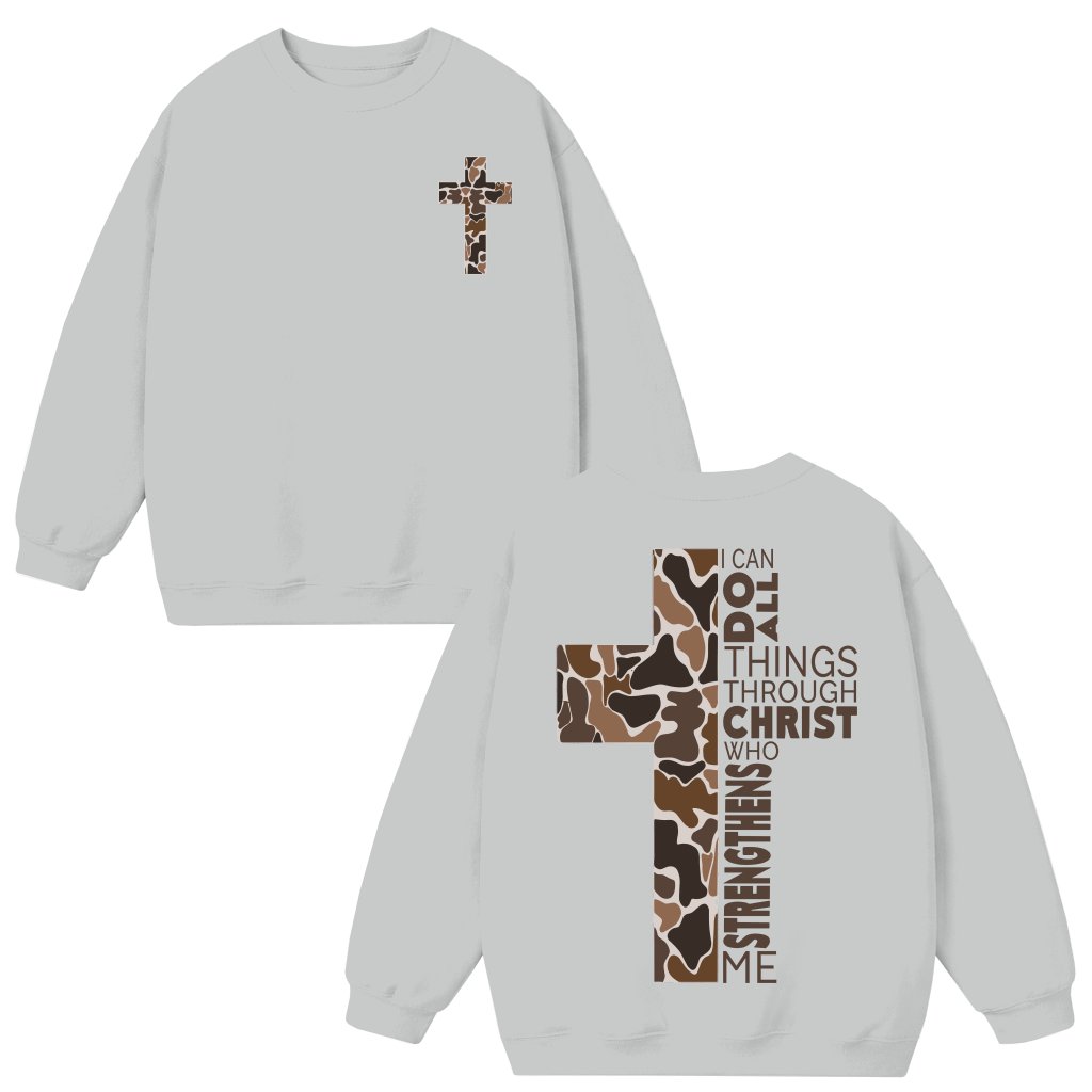 Camo Cross Philippians 4:13 Verse Sweatshirt – Christian Gift for Him or Her - front view