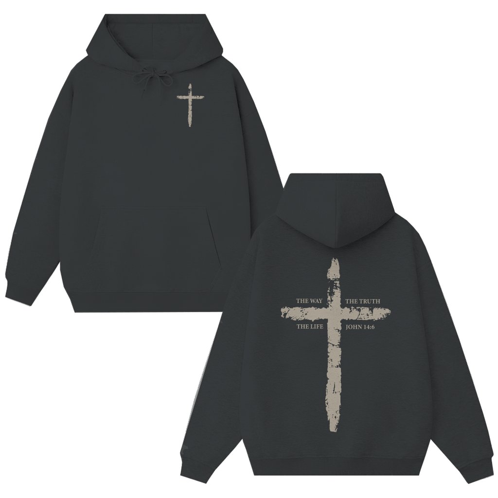 John 14:6 The Way The Truth The Life Distressed Cross Hoodie – Christian Faith Gift - front view