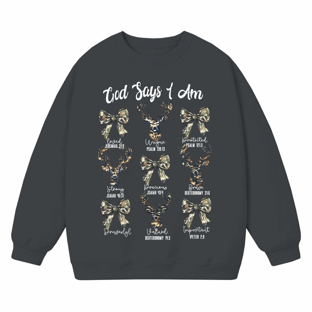 God Says I Am Sweatshirt – Christian Gift for Her Inspirational Deer Antler Camo - front view