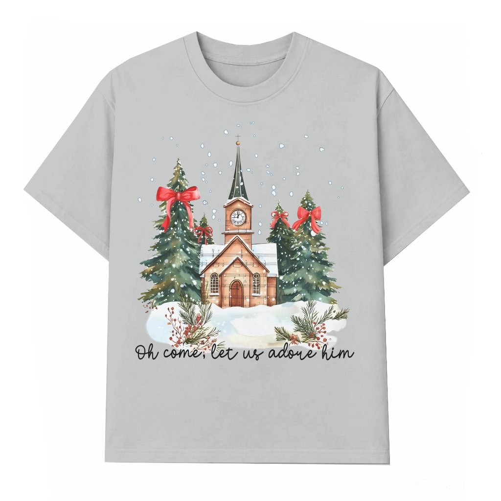 Oh Come Let Us Adore Him T-shirt – Christian Christmas Gift Trendy - front view
