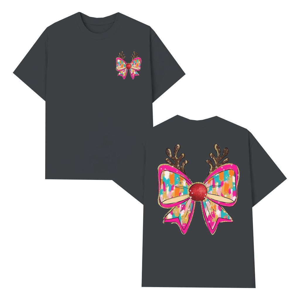 Fun Reindeer Bow T-shirt – Christmas Gift Glitter Antlers Festive - front view