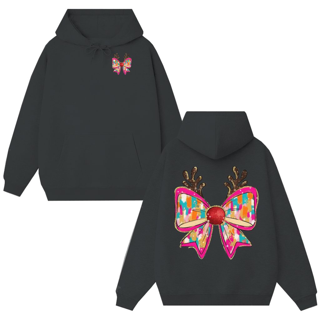 Reindeer Bow Hoodie – Christmas Gift with Glitter Antlers - front view