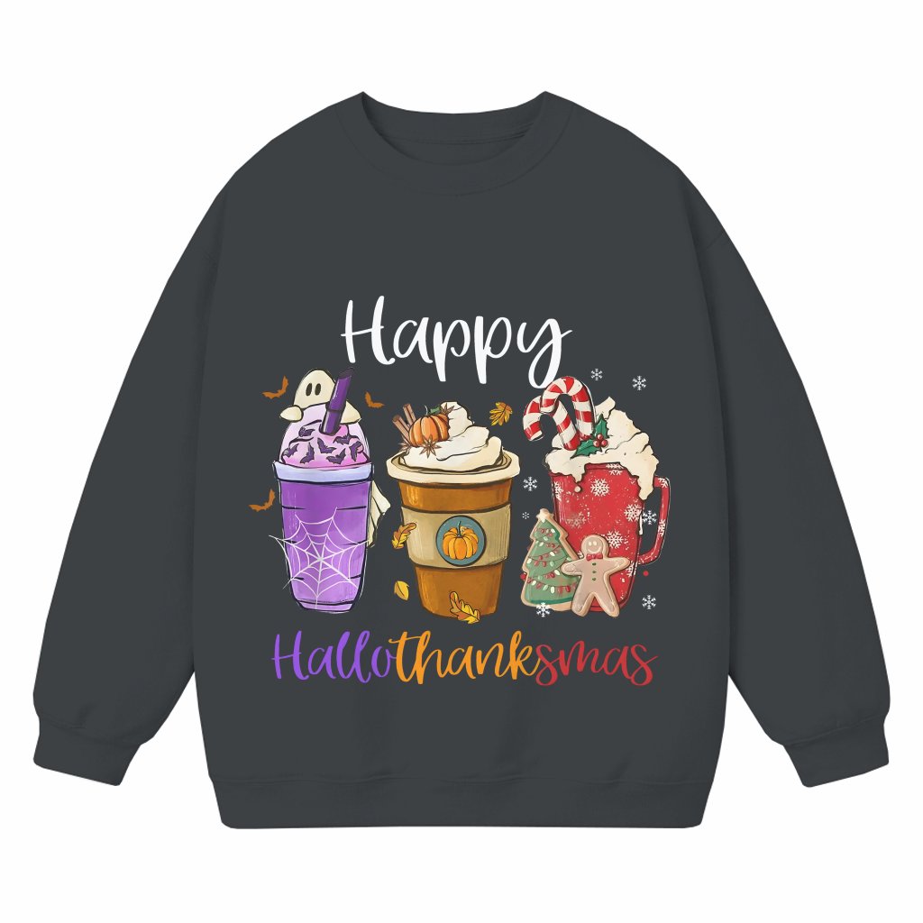 Happy Hallothanksmas Sweatshirt – Holiday Gift for Coffee Lover Funny - front view
