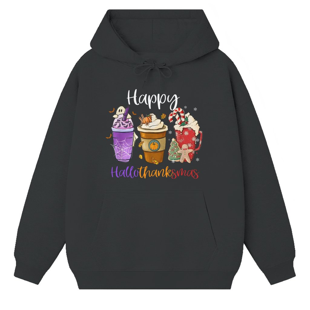 Happy Hallothanksmas Hoodie – Holiday Gift for Coffee Lover Funny - front view