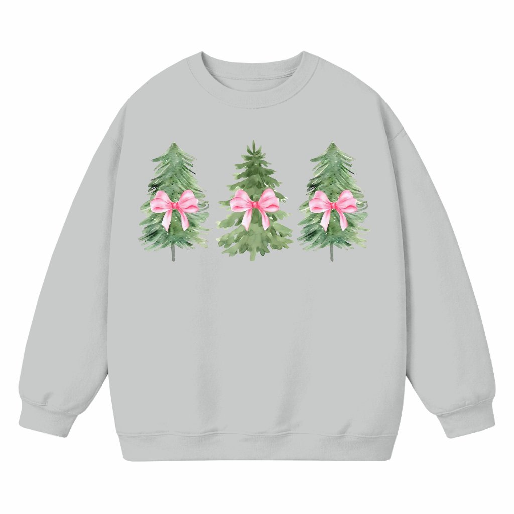 Cute Green Tree Pink Bow Sweatshirt – Christmas Gift for Her Festive Crewneck - front view