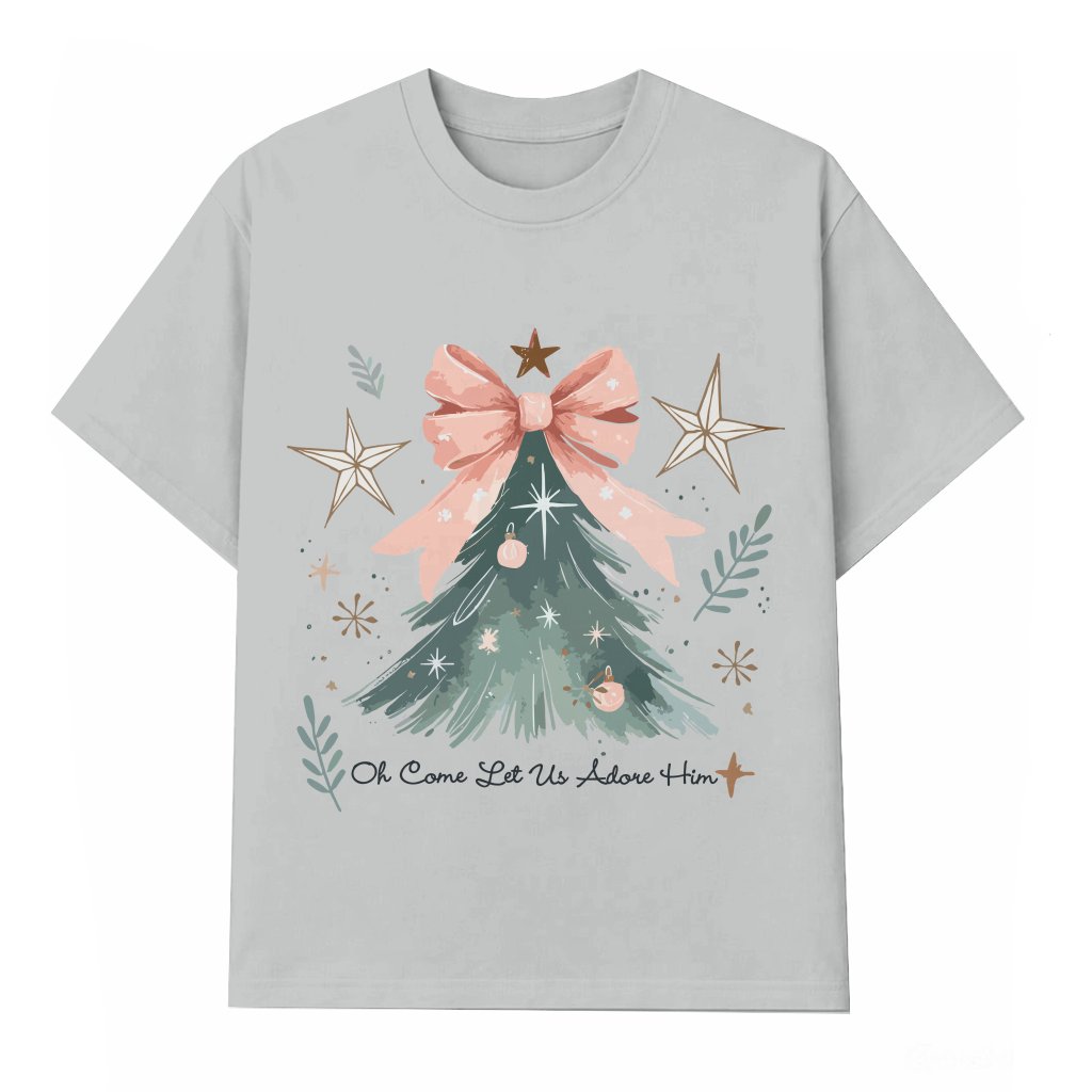 Oh Come Let Us Adore Him T-shirt – Christmas Christian Gift Coquette Bow Tree - front view
