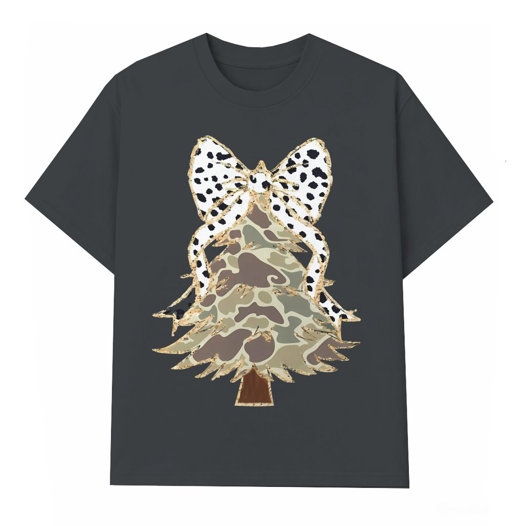 Camo Coquette Bow T-shirt – Christmas Gift for Her Glitter - front view