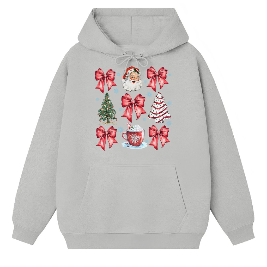Coquette Bow Hoodie – Christmas Gift for Her Girly Xmas Tree Hot Cocoa - front view