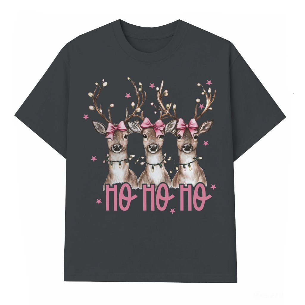 Pink Reindeer Ho Ho Ho T-shirt – Christmas Gift for Her Retro Coquette Bow - front view