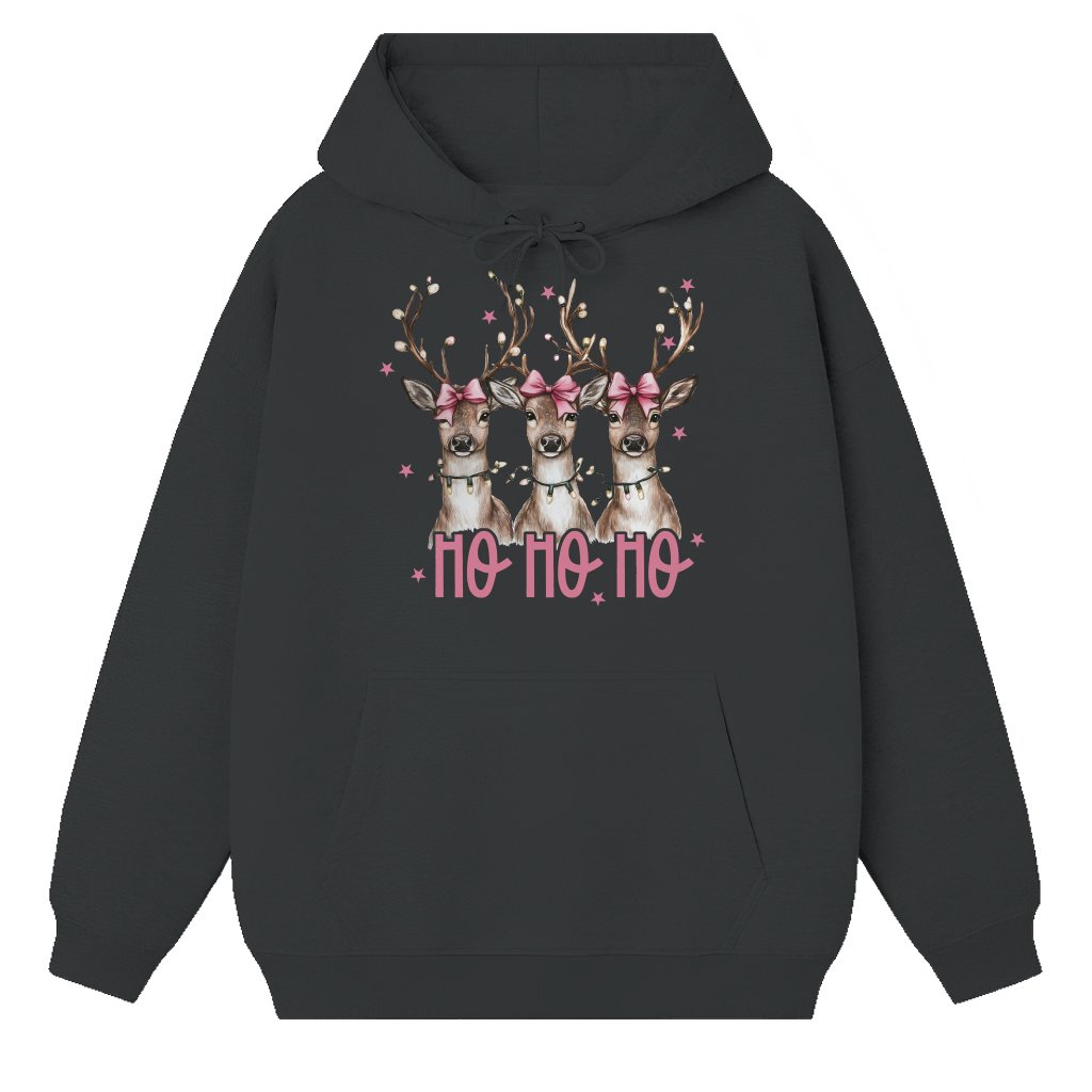 Ho Ho Ho Deer Graphic Hoodie – Christmas Gift Retro Coquette Bow - front view