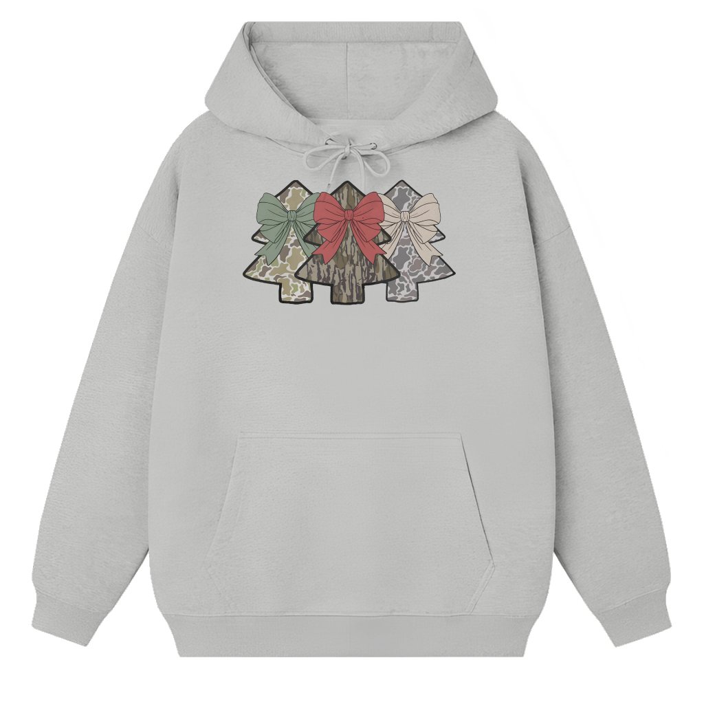 Camo Coquette Bow Hoodie – Christmas Hunting Gift for Her Retro - front view