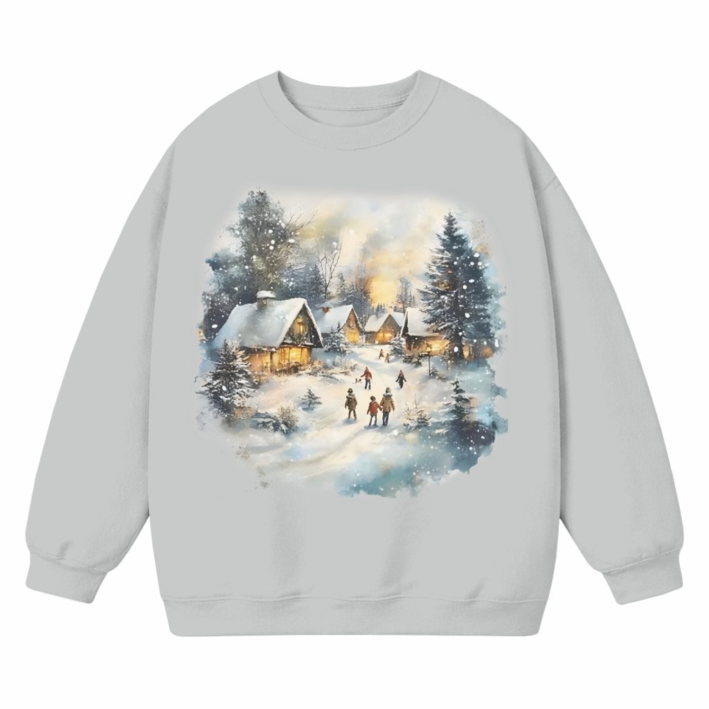 Sweatshirt Christmas Gift – Vintage 90s Retro Winter Village Pine Tree Scene - front view