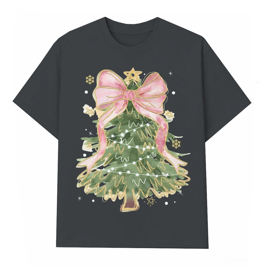 Coquette Glitter Christmas Tree T-shirt – Christmas Gift for Her Watercolor Girly Style - front view